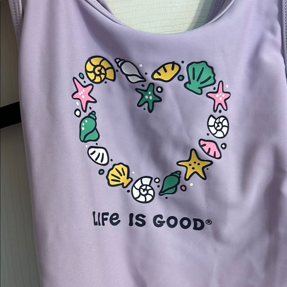 LIFE IS GOOD Girl's Size 7 Purple Swimsuit Heart Seashells Beach Pool Swim - Picture 3 of 5